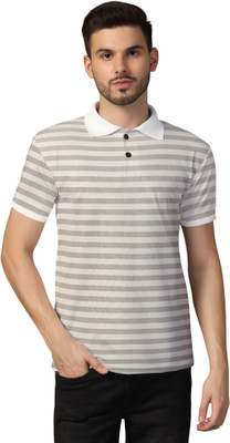 tfurnish Striped Men Polo Neck Grey T-Shirt