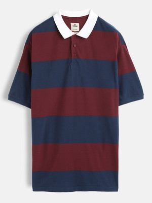 WROGN Striped Men Polo Neck Maroon T-Shirt