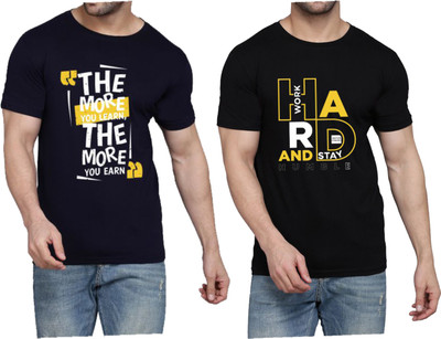 WOOSTRO Printed Men Round Neck Dark Blue, Black T-Shirt