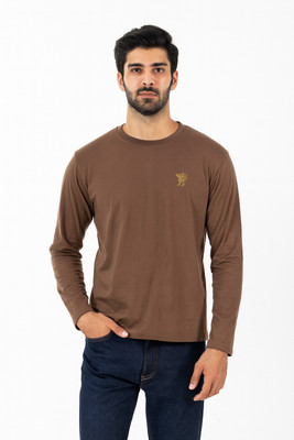 unique store Solid Men Crew Neck Brown T-Shirt