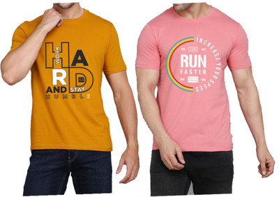 WOOSTRO Printed Men Round Neck Orange, Pink T-Shirt