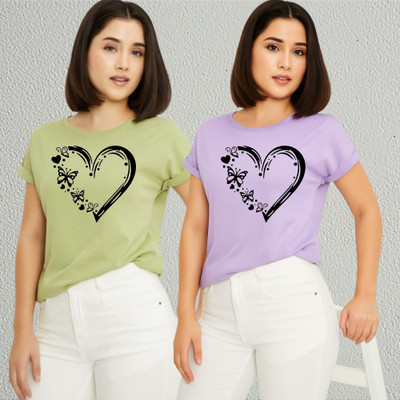 Lecowar Printed Women Round Neck Green, Purple T-Shirt