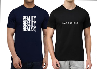 FRANSCART Printed Men Round Neck Black, Navy Blue T-Shirt