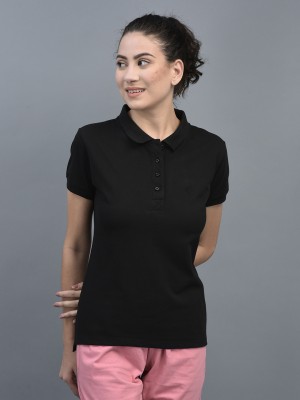 Dollar Missy Solid Women Polo Neck Black T-Shirt