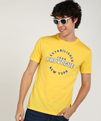 PROVOGUE Printed Men Round Neck Yellow T-Shirt