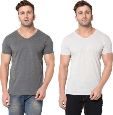 Tresna Fab Solid Men V Neck Grey, White T-Shirt