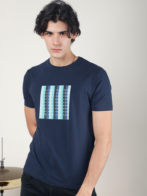 RARE RABBIT Printed Men Round Neck Dark Blue T-Shirt