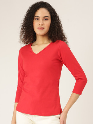 BRINNS Solid Women V Neck Red T-Shirt