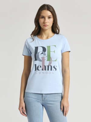 Pepe Jeans Typography Women Round Neck Blue T-Shirt