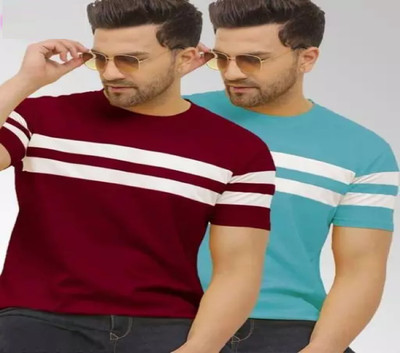 Sport Villa Striped Men Round Neck Blue, Pink T-Shirt
