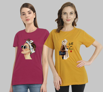 CHOQU Printed Women Round Neck Yellow, Maroon T-Shirt