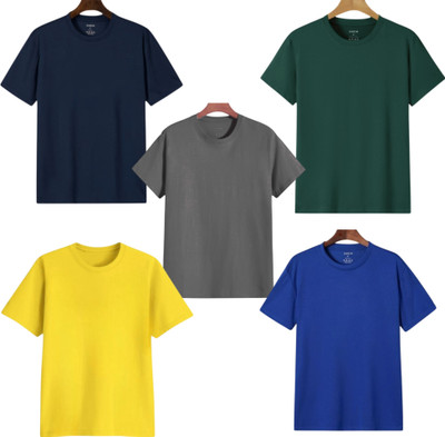 P collection Solid Men Round Neck Navy Blue, Yellow, Grey, Dark Blue, Green T-Shirt