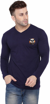 tfurnish Printed Men V Neck Dark Blue T-Shirt