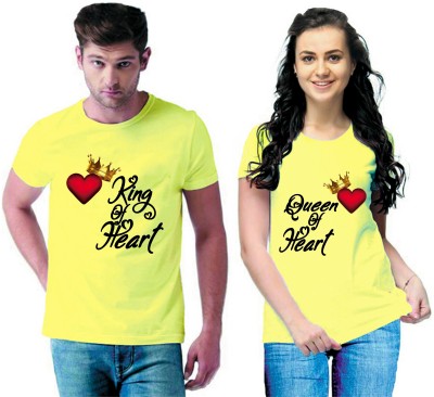 JH MART Printed Couple Round Neck Yellow T-Shirt