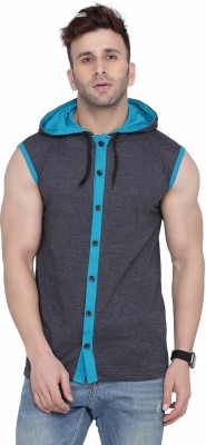 GEUM Solid Men Hooded Neck Grey T-Shirt