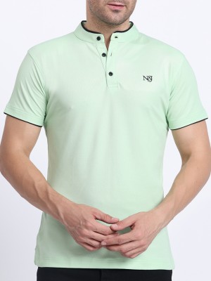 N AND J Solid Men Henley Neck Light Green T-Shirt