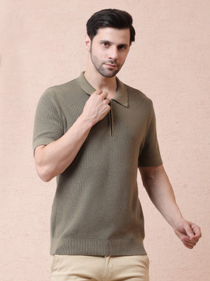 NOQUO Self Design Men Zip Neck Beige T-Shirt