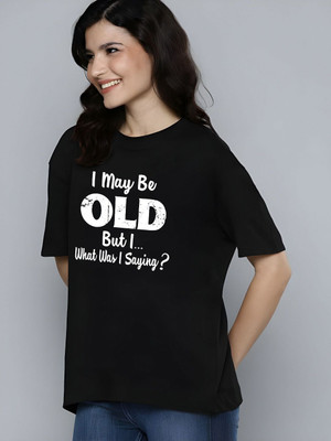 Moda Rapido Self Design Women Round Neck Black T-Shirt