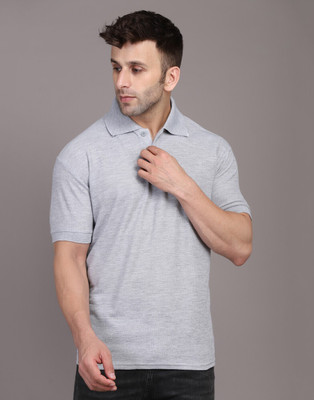 INKKR Solid Men Polo Neck Grey T-Shirt