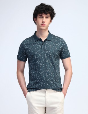 FLYING MACHINE Floral Print Men Polo Neck Blue T-Shirt