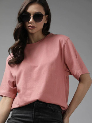 RodZen Solid Women Round Neck Pink T-Shirt
