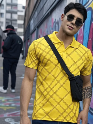 BLISS BOYS Checkered Men Polo Neck Yellow T-Shirt