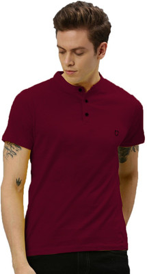 ZEDIN Solid Men Mandarin Collar Maroon T-Shirt