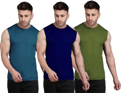 Renowned Solid Men Round Neck Blue, Dark Blue, Dark Green T-Shirt