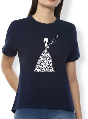 Nilan Tees Wear Printed Women Round Neck Navy Blue T-Shirt