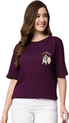 ALPHINE Printed Women Round Neck Maroon T-Shirt