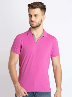 Status Quo Solid Men Polo Neck Pink T-Shirt