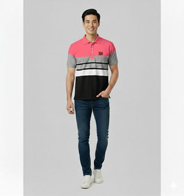 KIYATRA Colorblock Men Polo Neck Pink T-Shirt