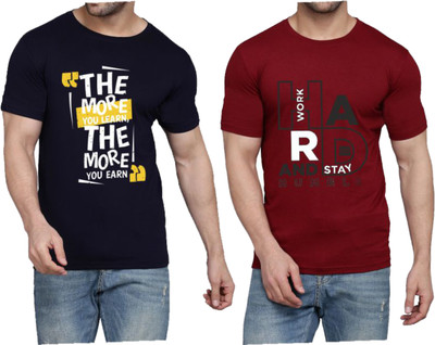 WOOSTRO Printed Men Round Neck Dark Blue, Maroon T-Shirt