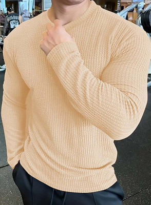 ARS FASHIONS Solid Men Round Neck Beige T-Shirt
