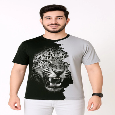 UD FABRIC Animal Print Men Round Neck Grey T-Shirt