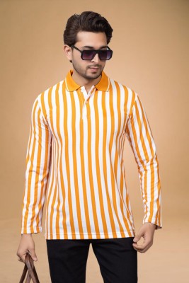 shreynka Striped Men Polo Neck Orange T-Shirt