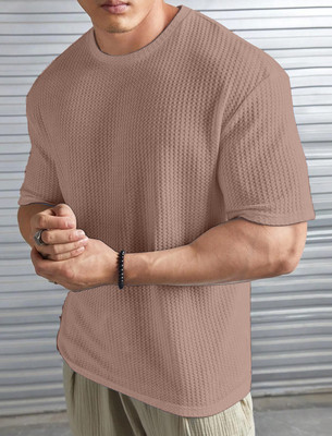 MAKEMODE Self Design Men Round Neck Beige T-Shirt