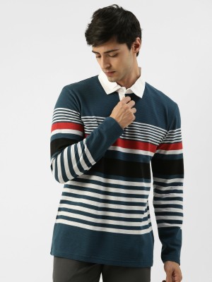 Jump Cuts Striped Men Polo Neck Dark Blue, White, Red T-Shirt