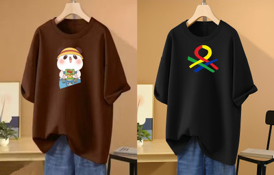 RAPTUROUS Printed Women Round Neck Brown, Black T-Shirt