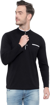 Jangoboy Solid Men Mandarin Collar Black T-Shirt
