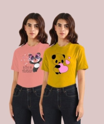 Parona Graphic Print Women Round Neck Pink, Yellow T-Shirt