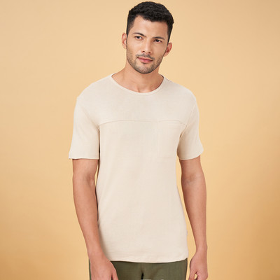 7 Alt by Pantaloons Solid Men Round Neck Beige T-Shirt