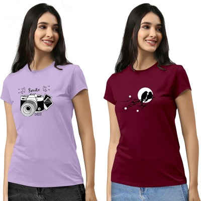 ZentWorld Printed Women Round Neck Purple, Maroon T-Shirt