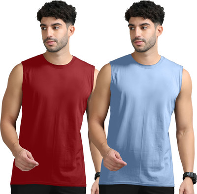 Jangoboy Solid Men Round Neck Maroon, Blue T-Shirt