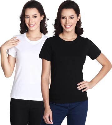Irie & Jude Solid Women Crew Neck Black, White T-Shirt