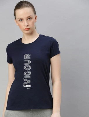 SPOWEARY Typography Women Round Neck Navy Blue T-Shirt