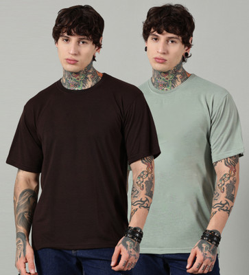 Diversify Solid Men Round Neck Black, Light Green T-Shirt