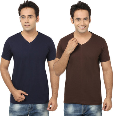 Adorbs Trend Self Design, Solid Men V Neck Dark Blue, Brown T-Shirt