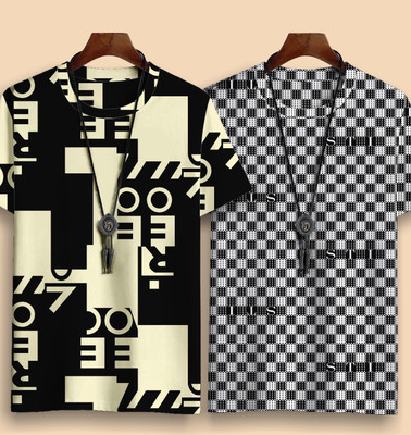 TIGERSNAKE Printed Men Round Neck Beige, Black, White T-Shirt