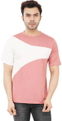 Styvibe Colorblock Men Round Neck Pink T-Shirt